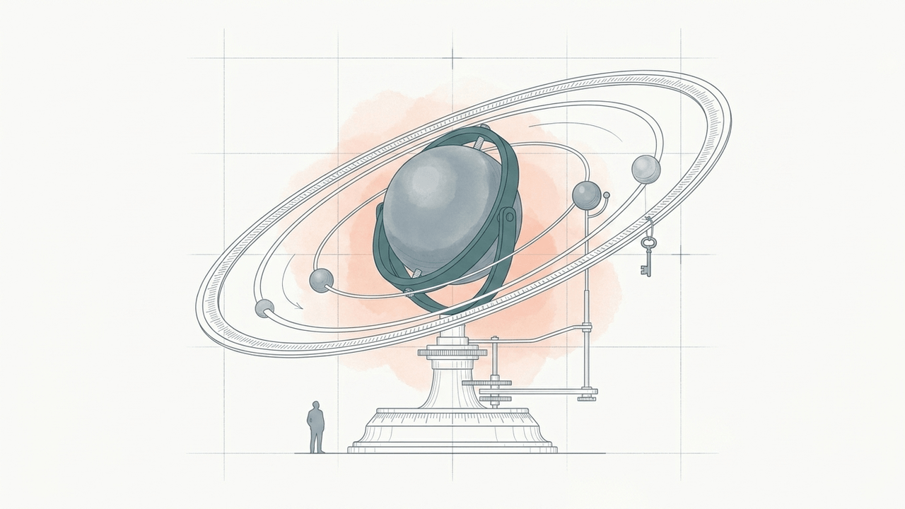 Fine grey-blue technical drawing of an orrery: a heavy central sphere in a teal gimbal mount, encircled by calibrated elliptical orbit rings with two smaller spheres captured close, a key hanging as a credential, on a precision base with a small figure for scale and a soft coral wash, on warm paper.