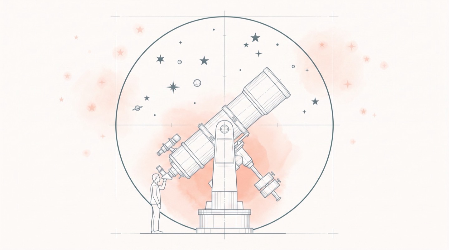 Fine grey-blue technical drawing on warm paper of an astronomer at a large telescope inside a single bounded circular aperture ring: a few stars rendered sharp and resolved within the ring, many fainter stars beyond it washed in pale coral, the aperture ring picked out in teal, and a small human figure at the eyepiece for scale.