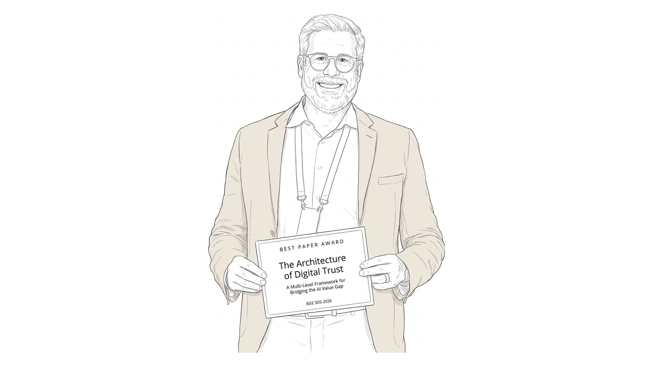 Blanco-style line drawing of Daniel Glinz smiling, in a light beige blazer and open-collar shirt with a conference lanyard, holding a certificate that reads Best Paper Award, The Architecture of Digital Trust, on a clean white ground.