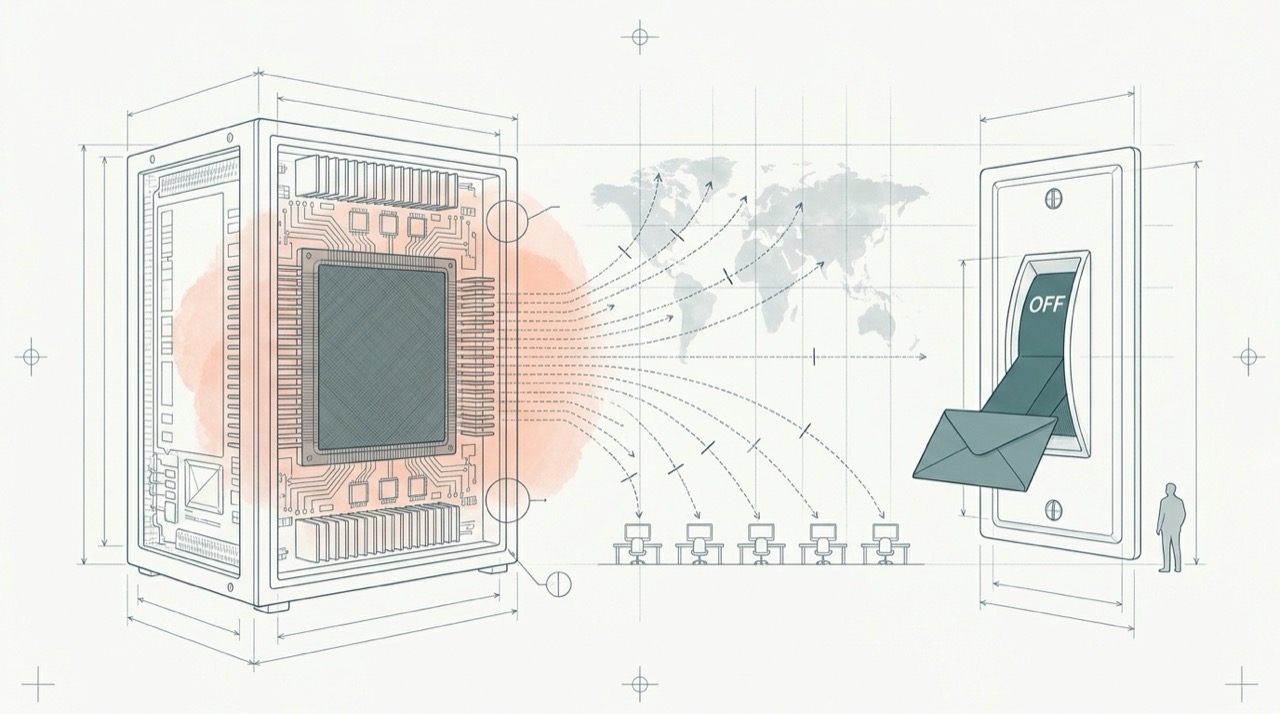 Fine grey-blue technical drawing on warm paper of a single rack-mounted frontier-AI model unit gone dark, beside a large knife-blade breaker switch thrown to off and actuated by a sealed letter, with dashed data lines to small client terminals and a faint world map all cut by break-marks, one teal switch lever, a soft coral wash and a small human figure for scale.